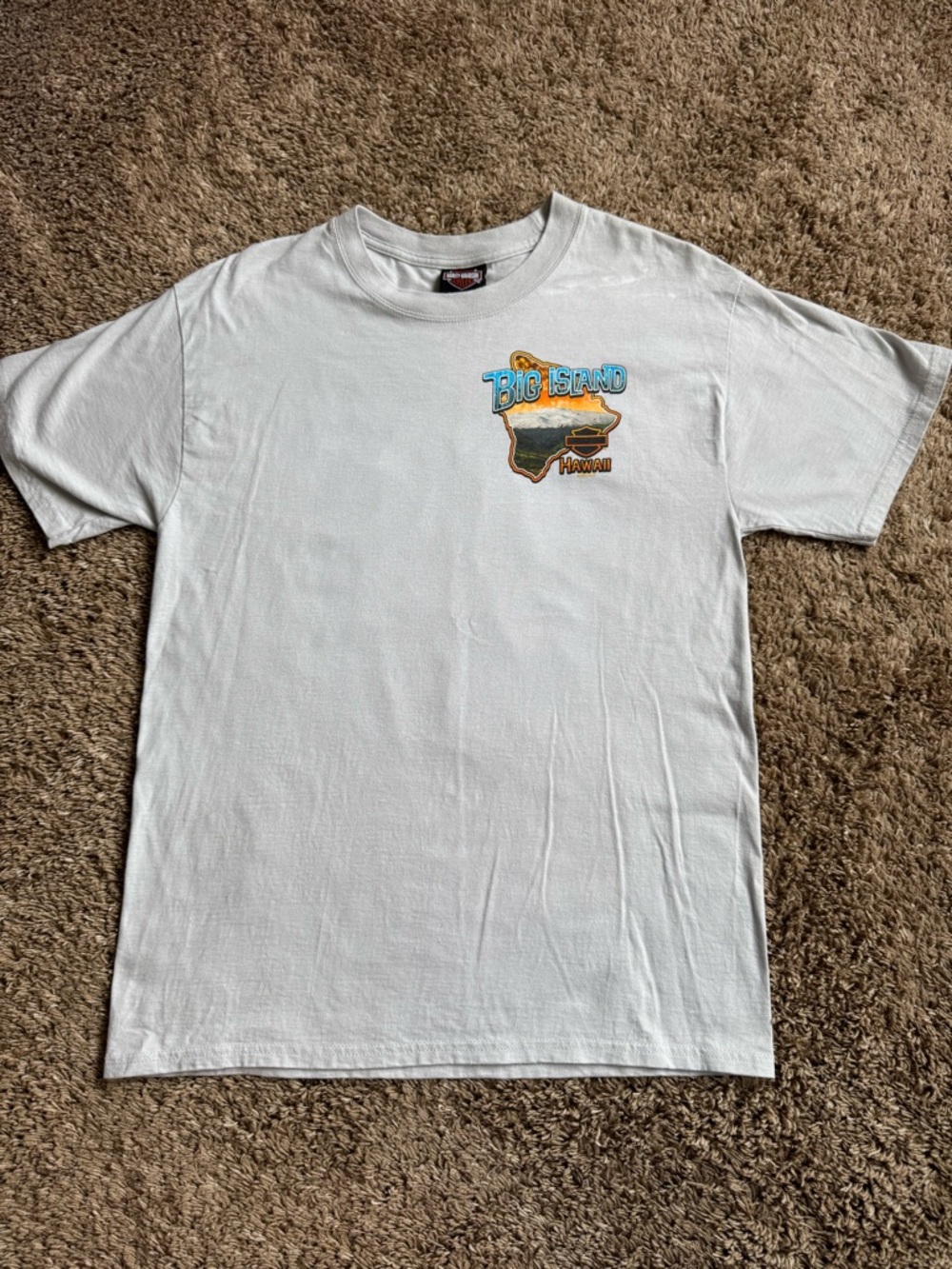 Harley-Davidson Light Gray Short Sleeve Tee Blue and Gold 'Big Island' Graphic